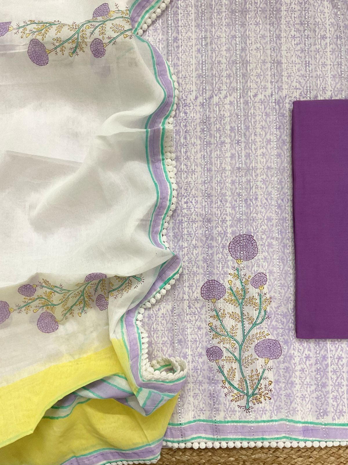 Pure Fine Cotton Self Weaved Printed Suit - Lavender