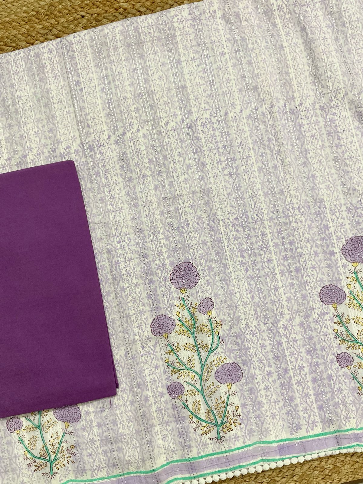 Pure Fine Cotton Self Weaved Printed Suit - Lavender