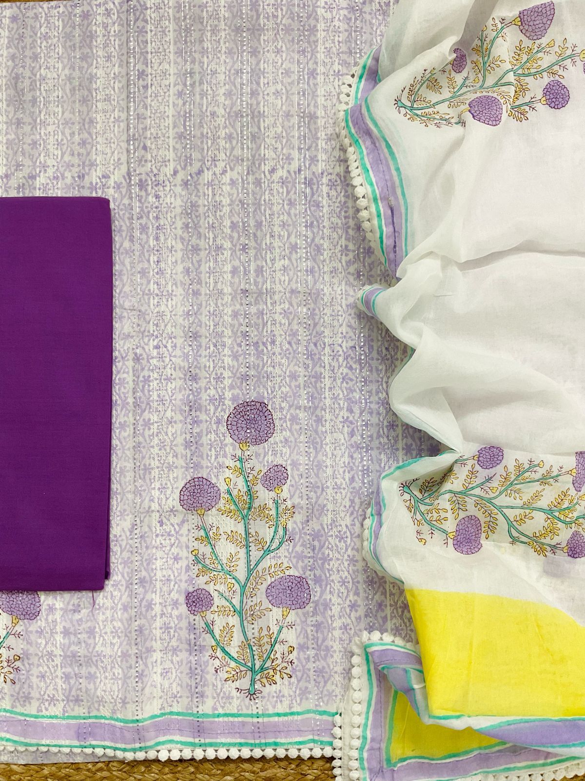 Pure Fine Cotton Self Weaved Printed Suit - Lavender