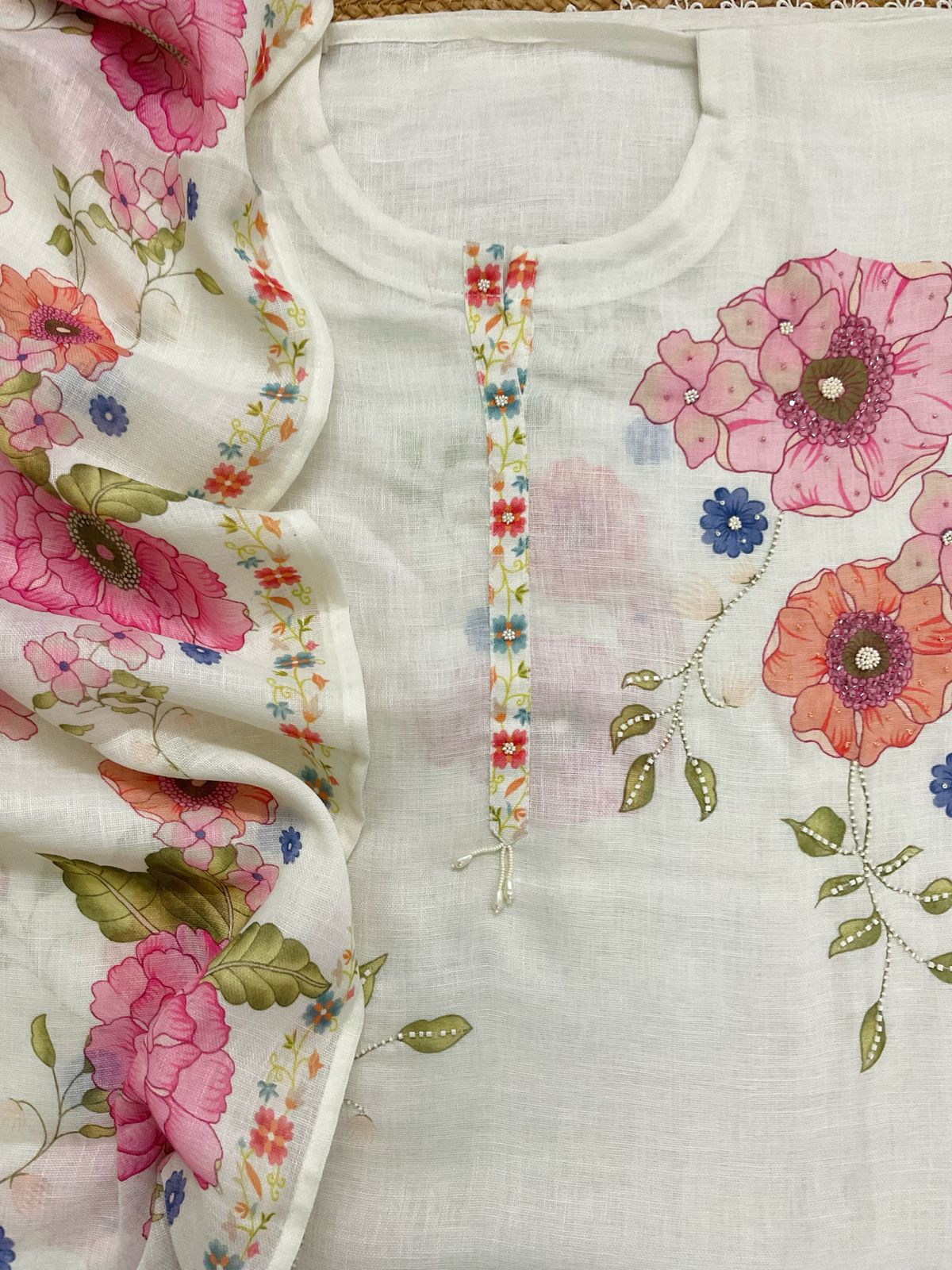 Pure Linen Jute Cotton Silk Printed Embroidered Suit - Offwhite