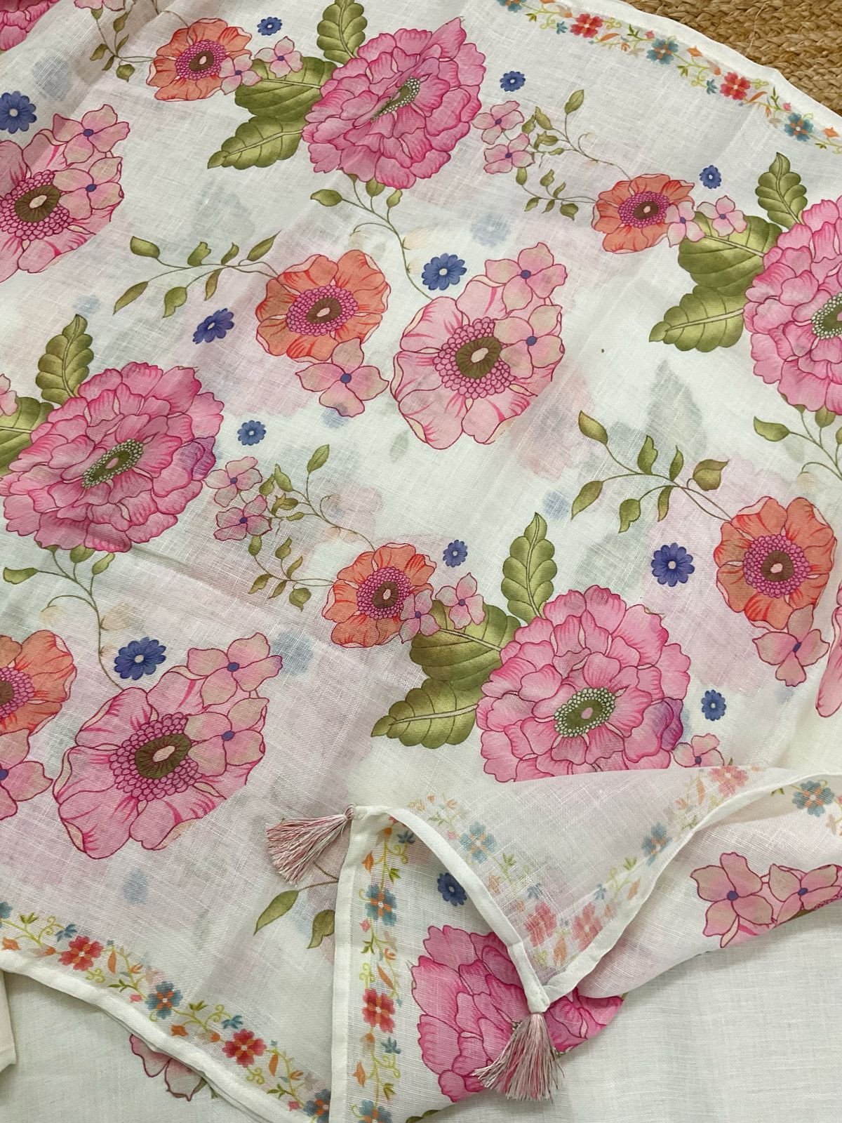 Pure Linen Jute Cotton Silk Printed Embroidered Suit - Offwhite