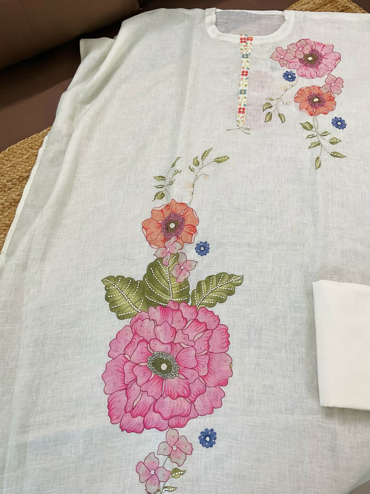 Pure Linen Jute Cotton Silk Printed Embroidered Suit - Offwhite