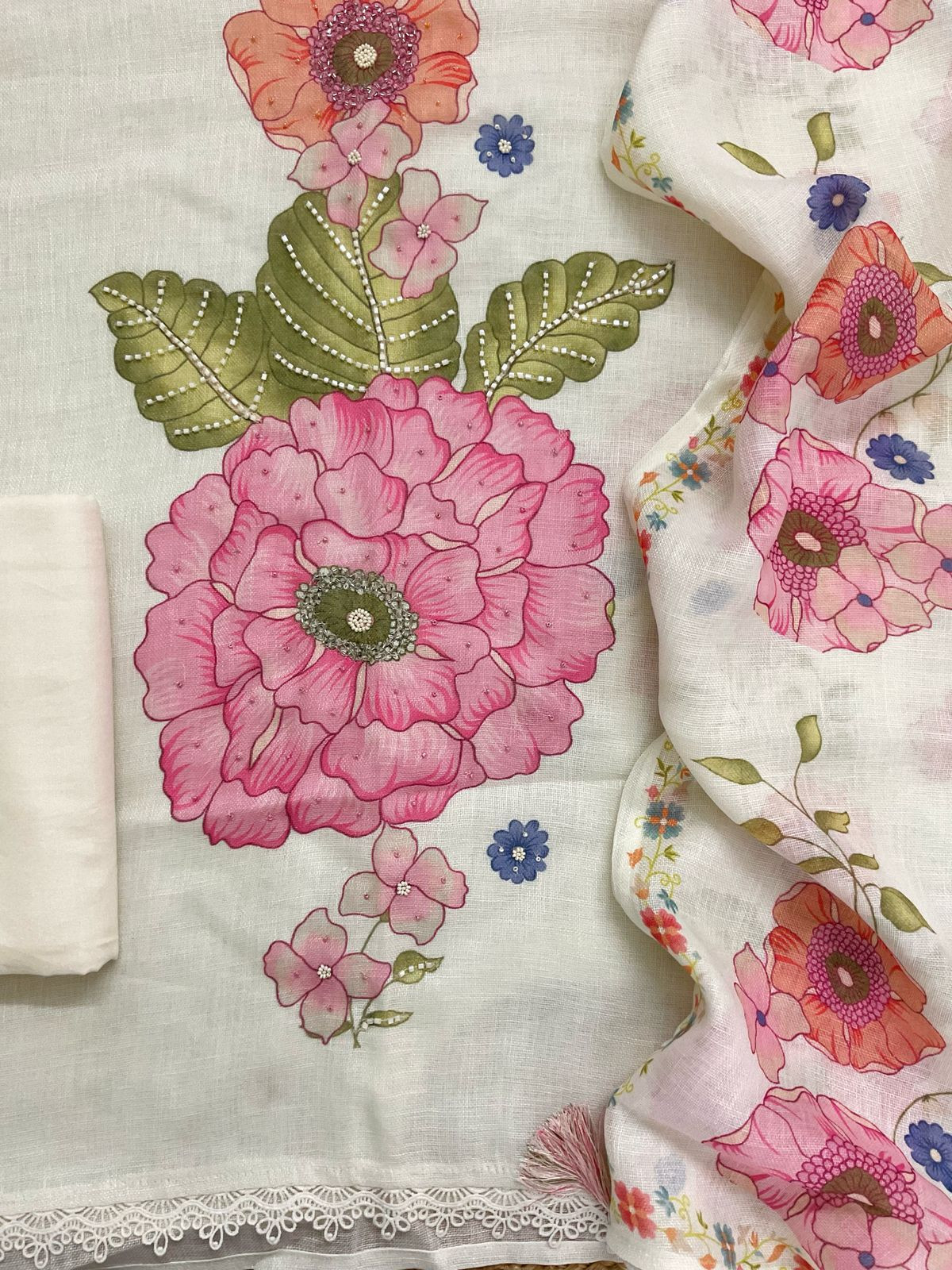 Pure Linen Jute Cotton Silk Printed Embroidered Suit - Offwhite