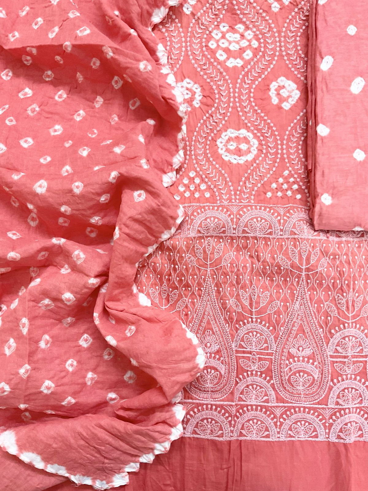 Pure Jaam Cotton Bandhani Printed Embroidered Suit - Peach
