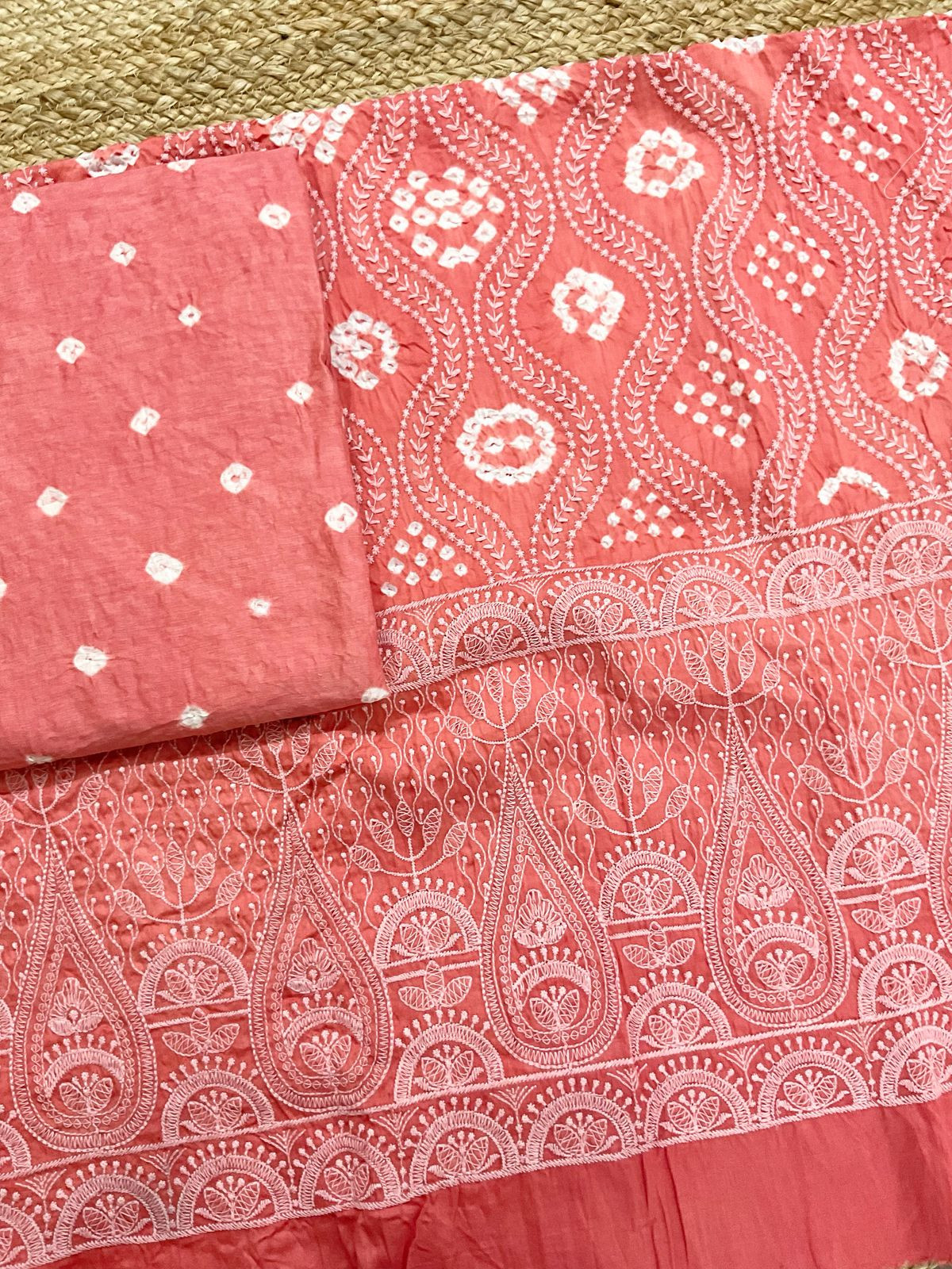 Pure Jaam Cotton Bandhani Printed Embroidered Suit - Peach