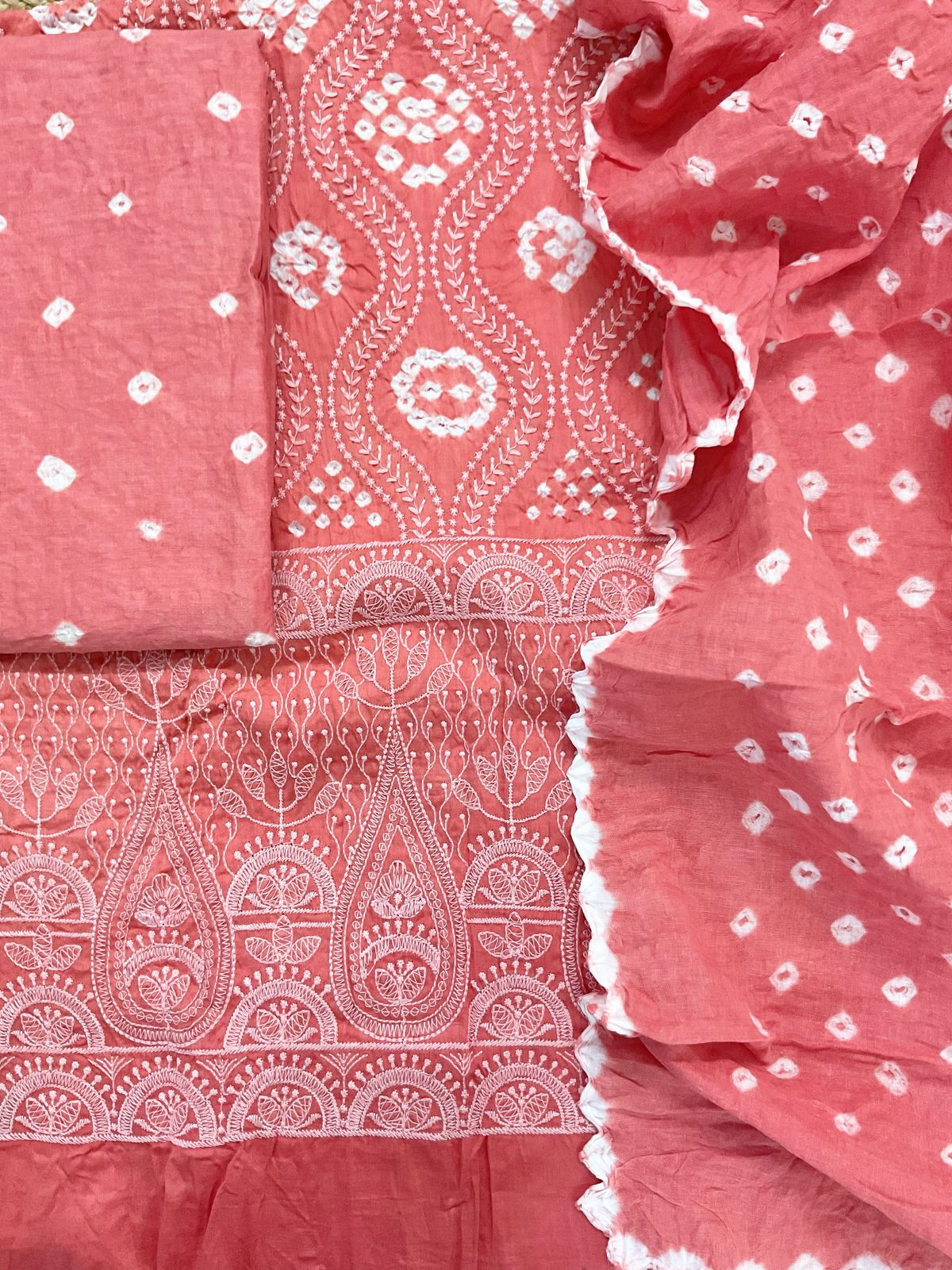 Pure Jaam Cotton Bandhani Printed Embroidered Suit - Peach