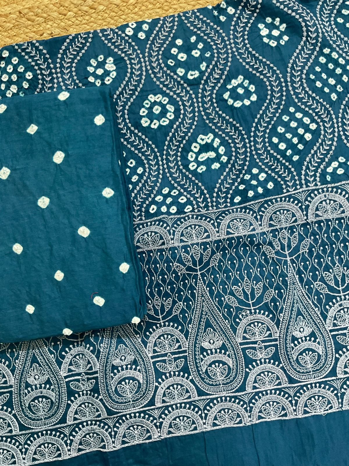 Pure Jaam Cotton Bandhani Printed Embroidered Suit - Indigo