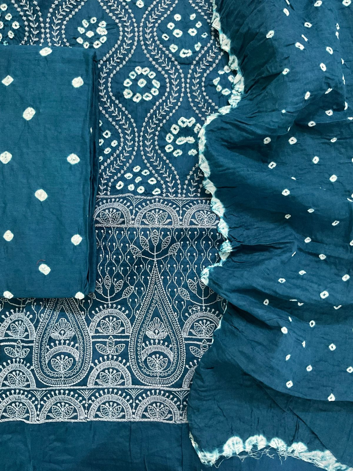 Pure Jaam Cotton Bandhani Printed Embroidered Suit - Indigo