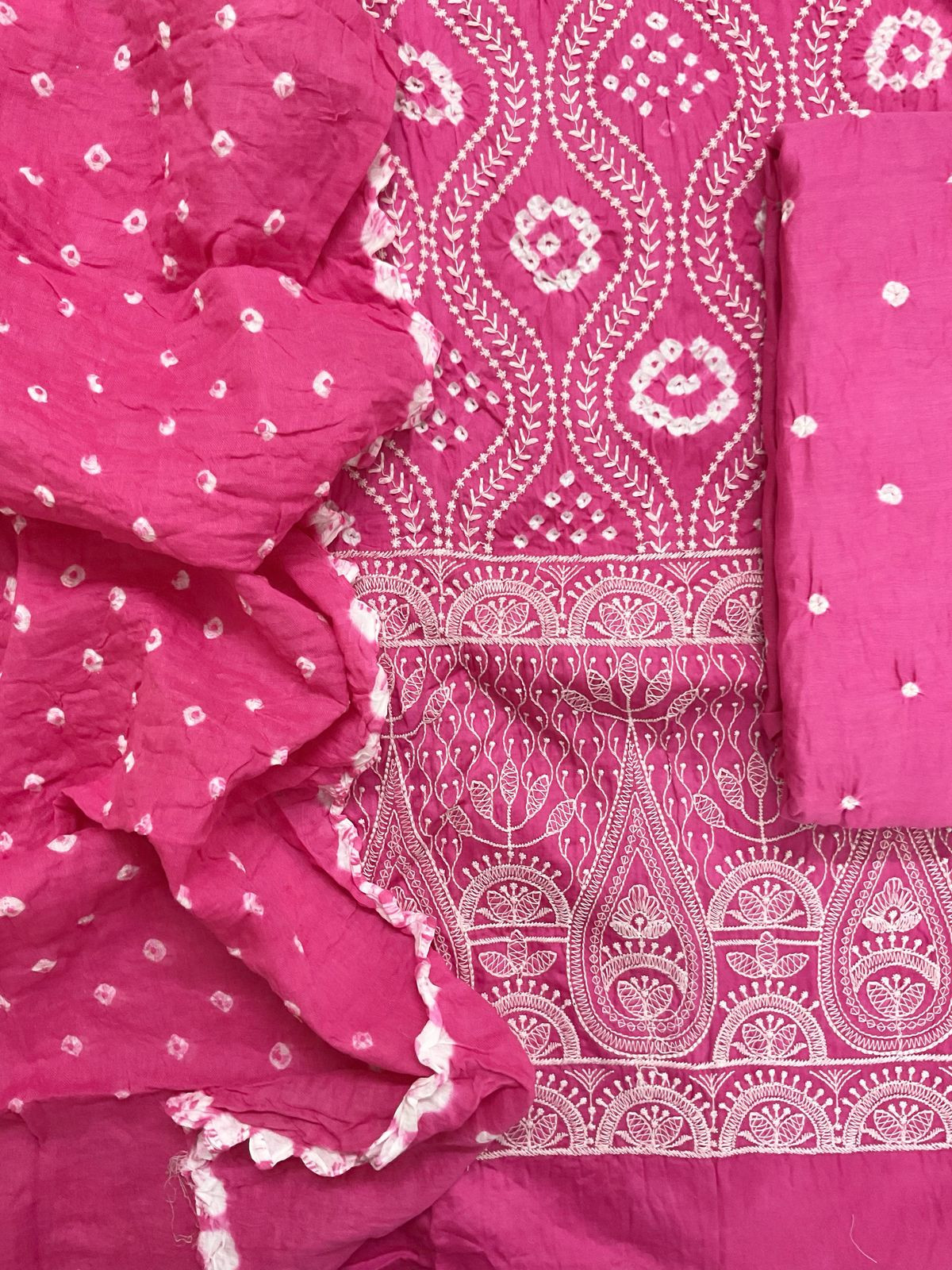Pure Jaam Cotton Bandhani Printed Embroidered Suit - Dark Pink