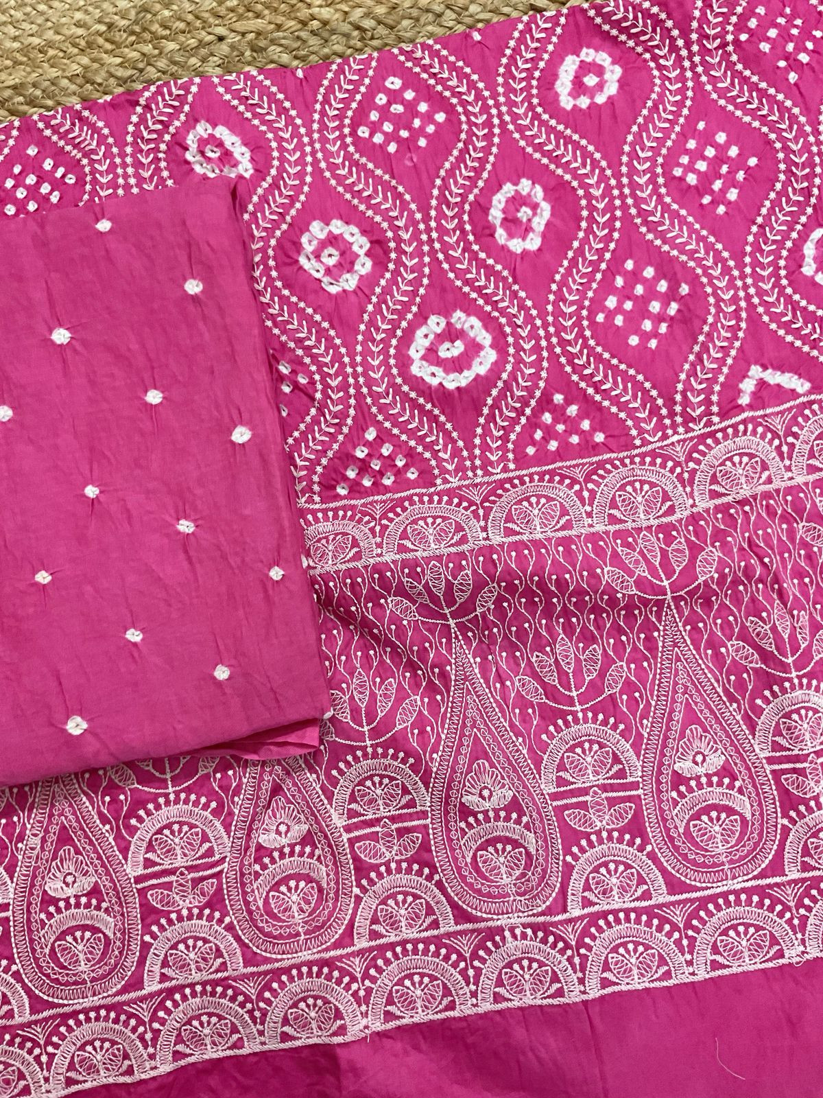 Pure Jaam Cotton Bandhani Printed Embroidered Suit - Dark Pink