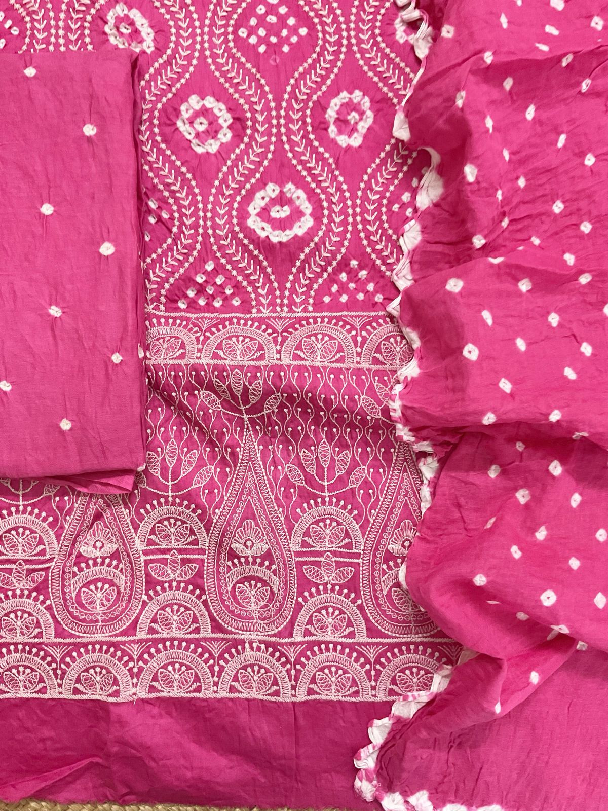 Pure Jaam Cotton Bandhani Printed Embroidered Suit - Dark Pink