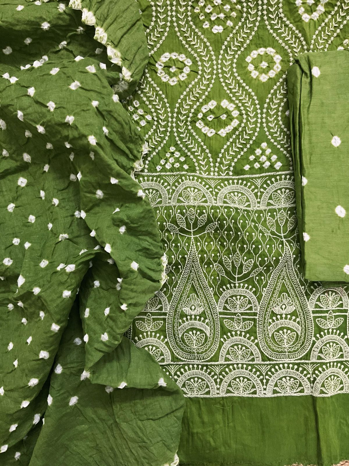 Pure Jaam Cotton Bandhani Printed Embroidered Suit - Green