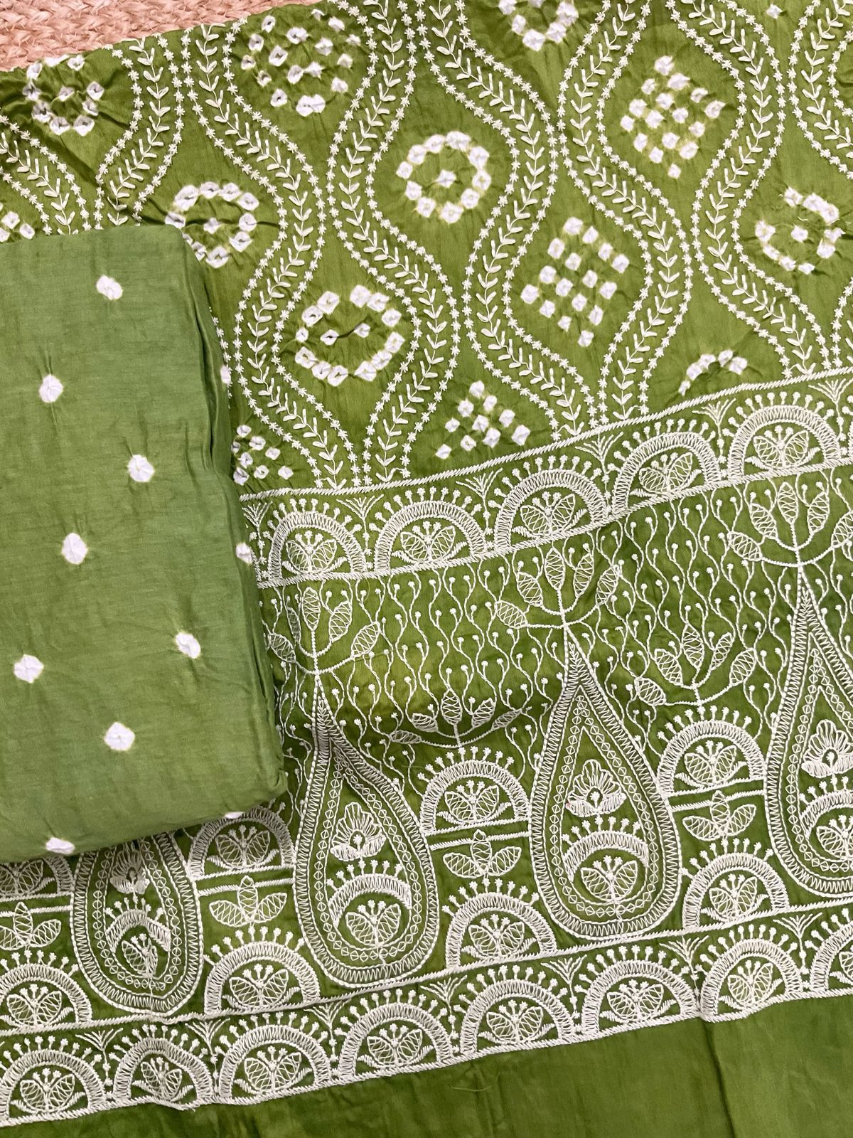 Pure Jaam Cotton Bandhani Printed Embroidered Suit - Green