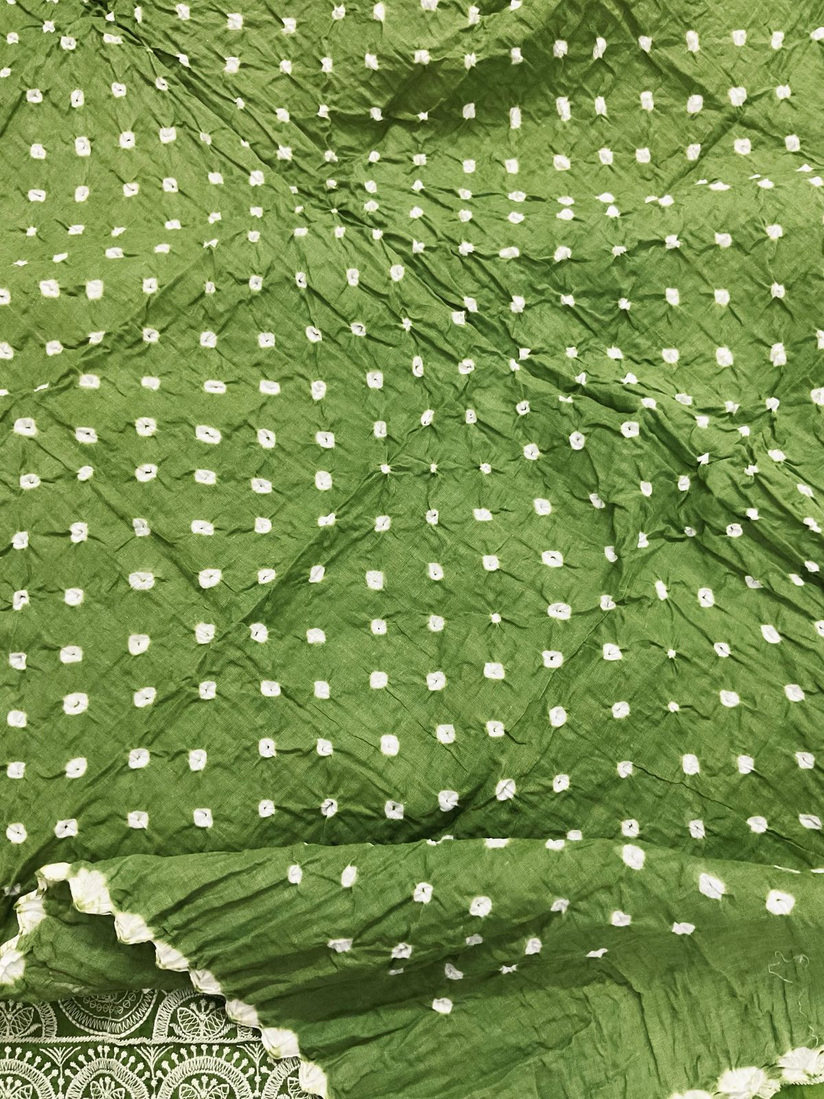 Pure Jaam Cotton Bandhani Printed Embroidered Suit - Green