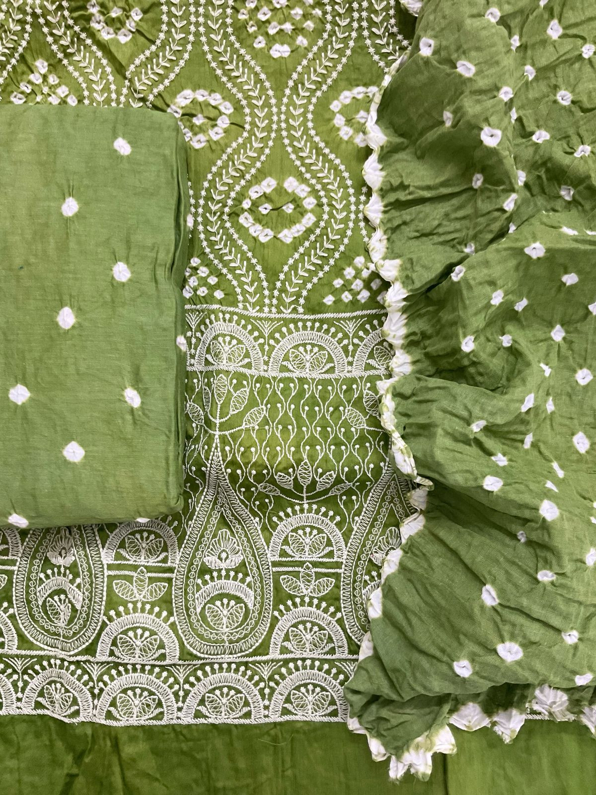 Pure Jaam Cotton Bandhani Printed Embroidered Suit - Green