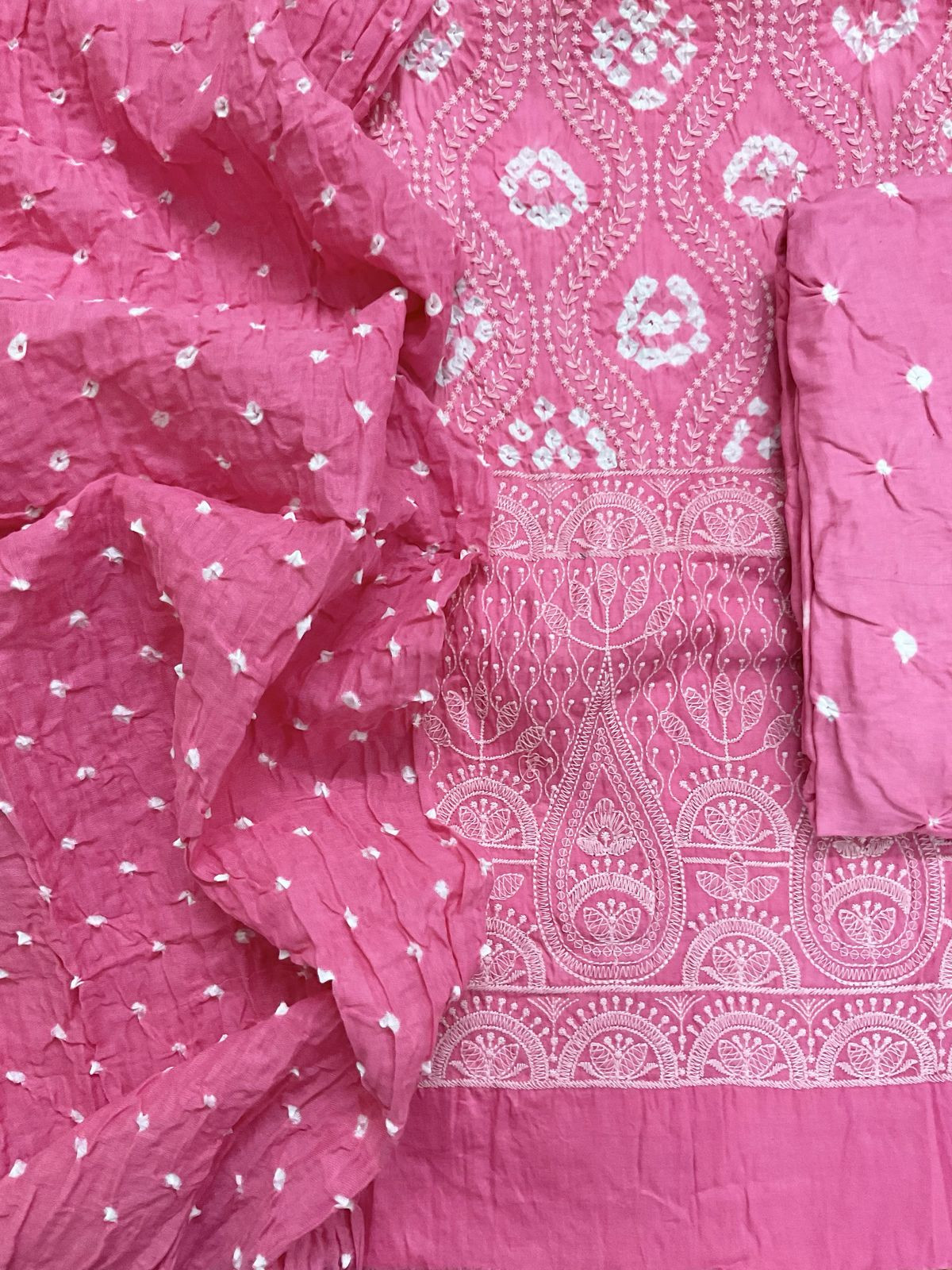Pure Jaam Cotton Bandhani Printed Embroidered Suit - Pink