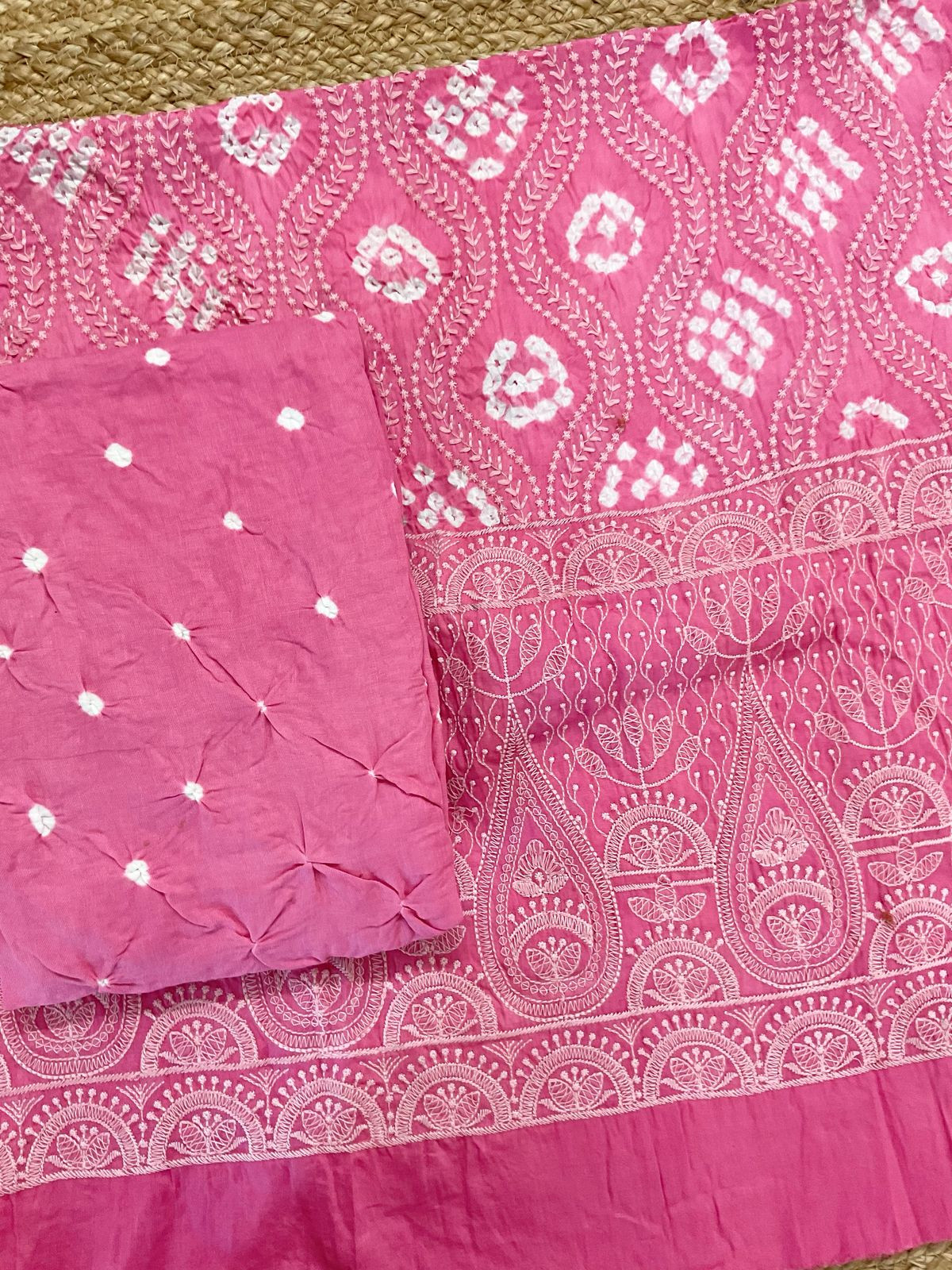 Pure Jaam Cotton Bandhani Printed Embroidered Suit - Pink