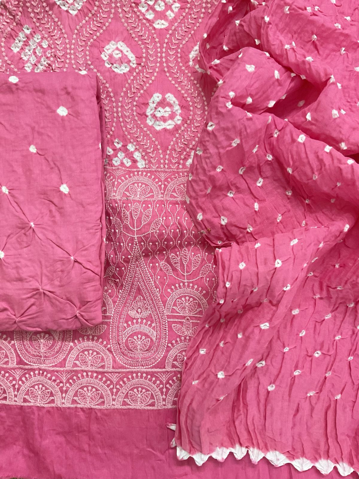 Pure Jaam Cotton Bandhani Printed Embroidered Suit - Pink