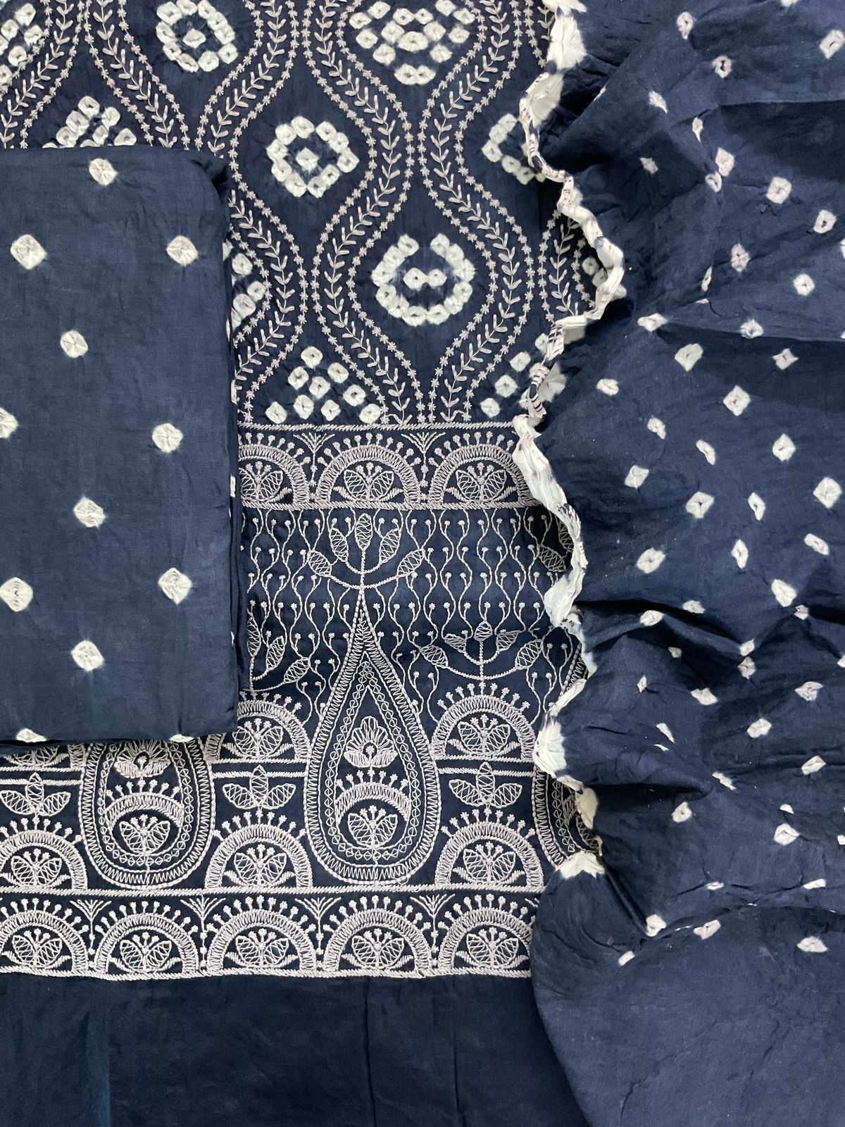 Pure Jaam Cotton Bandhani Printed Embroidered Suit - Navy Blue