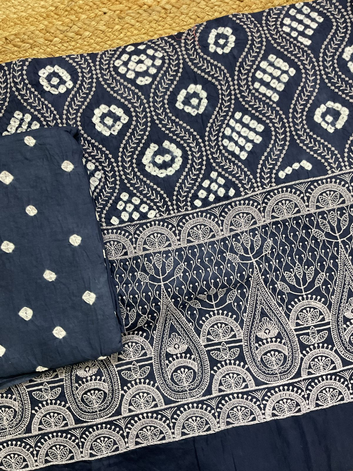 Pure Jaam Cotton Bandhani Printed Embroidered Suit - Navy Blue