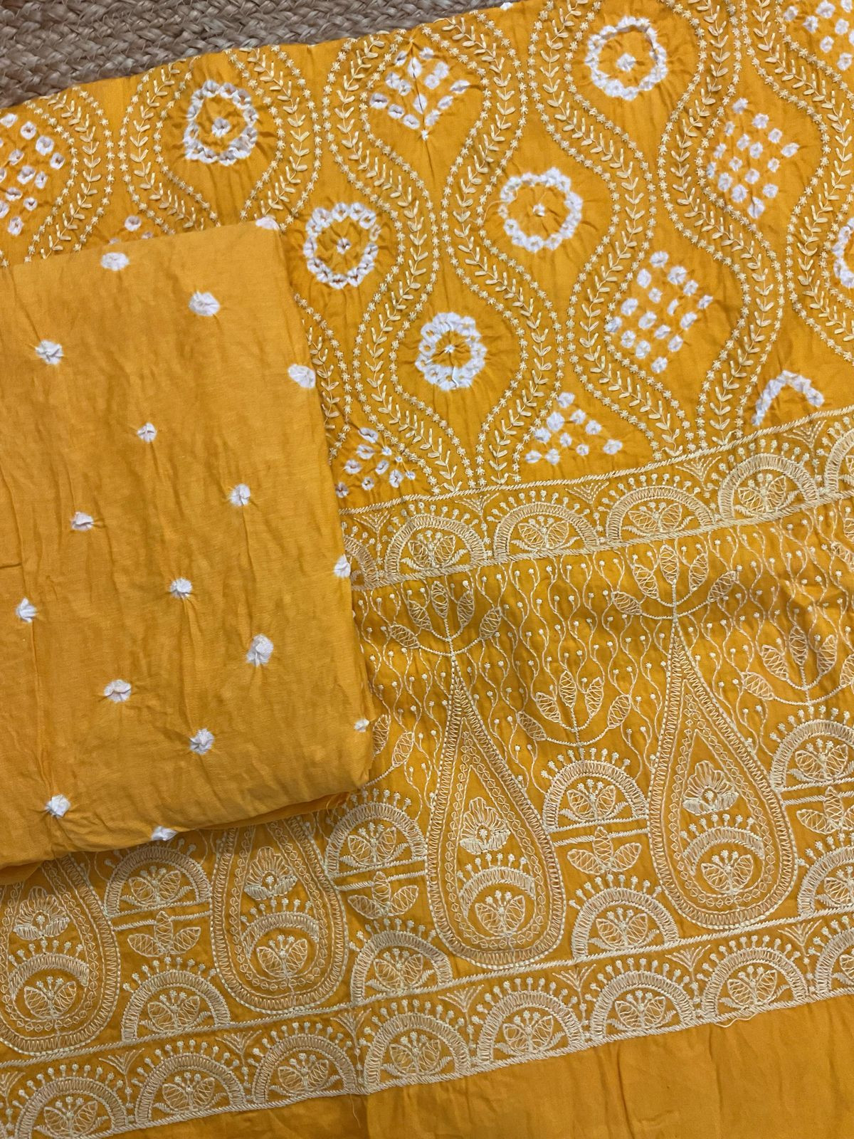 Pure Jaam Cotton Bandhani Printed Embroidered Suit - Mango Yellow