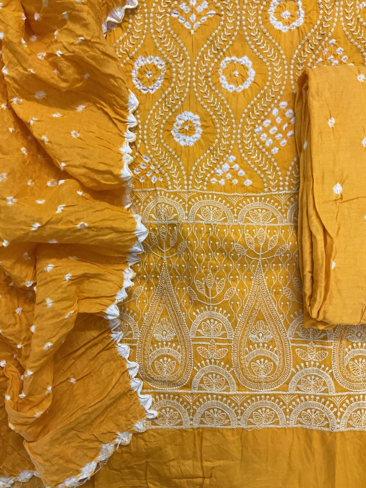 Pure Jaam Cotton Bandhani Printed Embroidered Suit - Mango Yellow