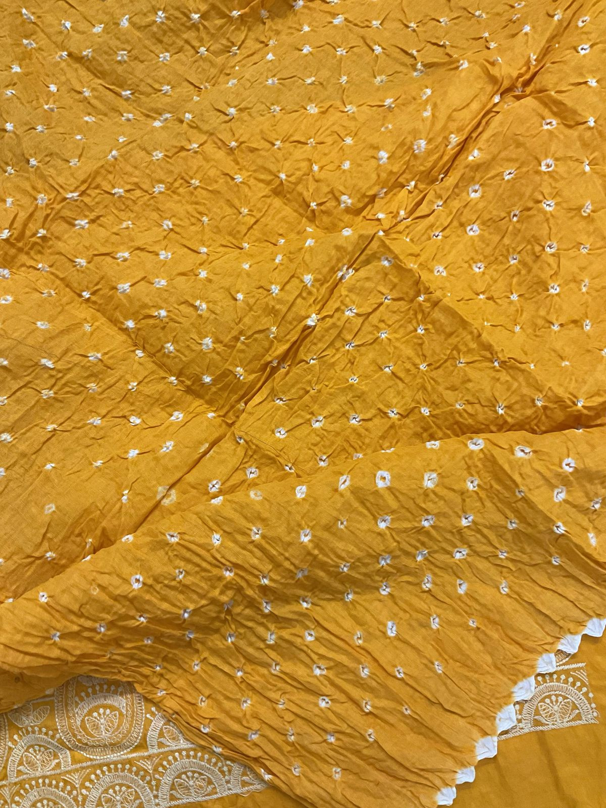 Pure Jaam Cotton Bandhani Printed Embroidered Suit - Mango Yellow