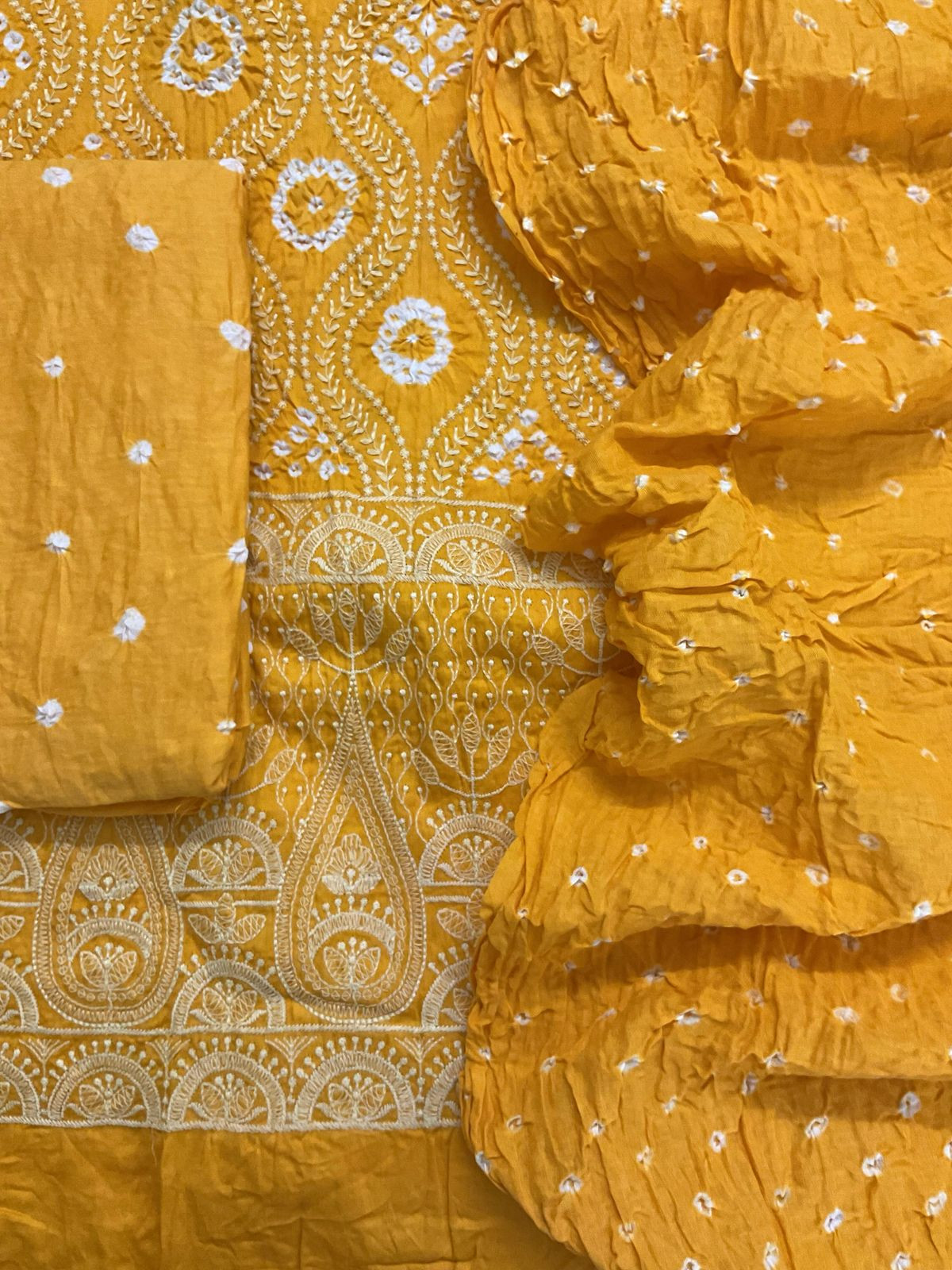 Pure Jaam Cotton Bandhani Printed Embroidered Suit - Mango Yellow