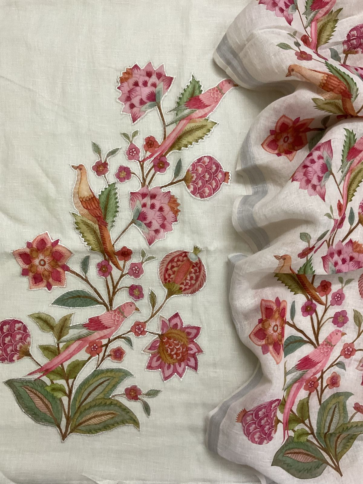 Pure Linen Jute Cotton Printed Embroidered Suit - Offwhite