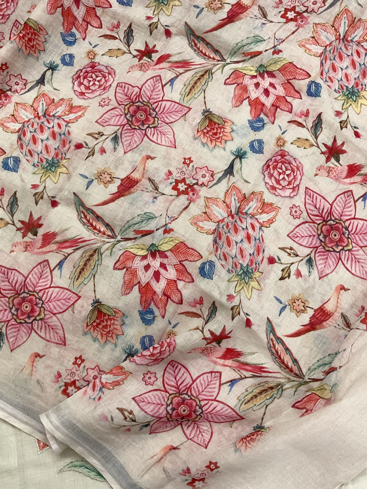 Pure Linen Jute Cotton Printed Embroidered Suit - Offwhite