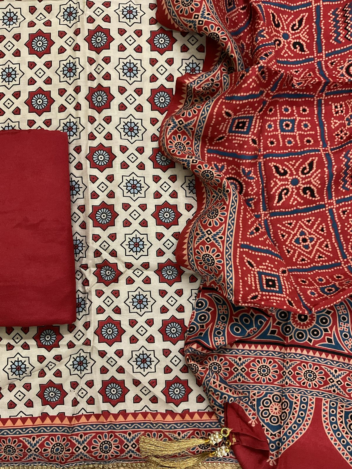 Pure Modal Printed Embroidered Suit - Off White