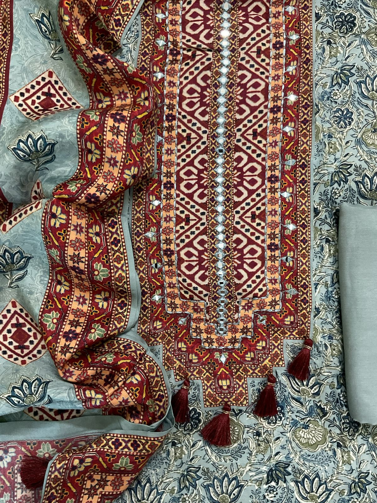 Pure Modal Printed Embroidered Suit - Greyish Blue