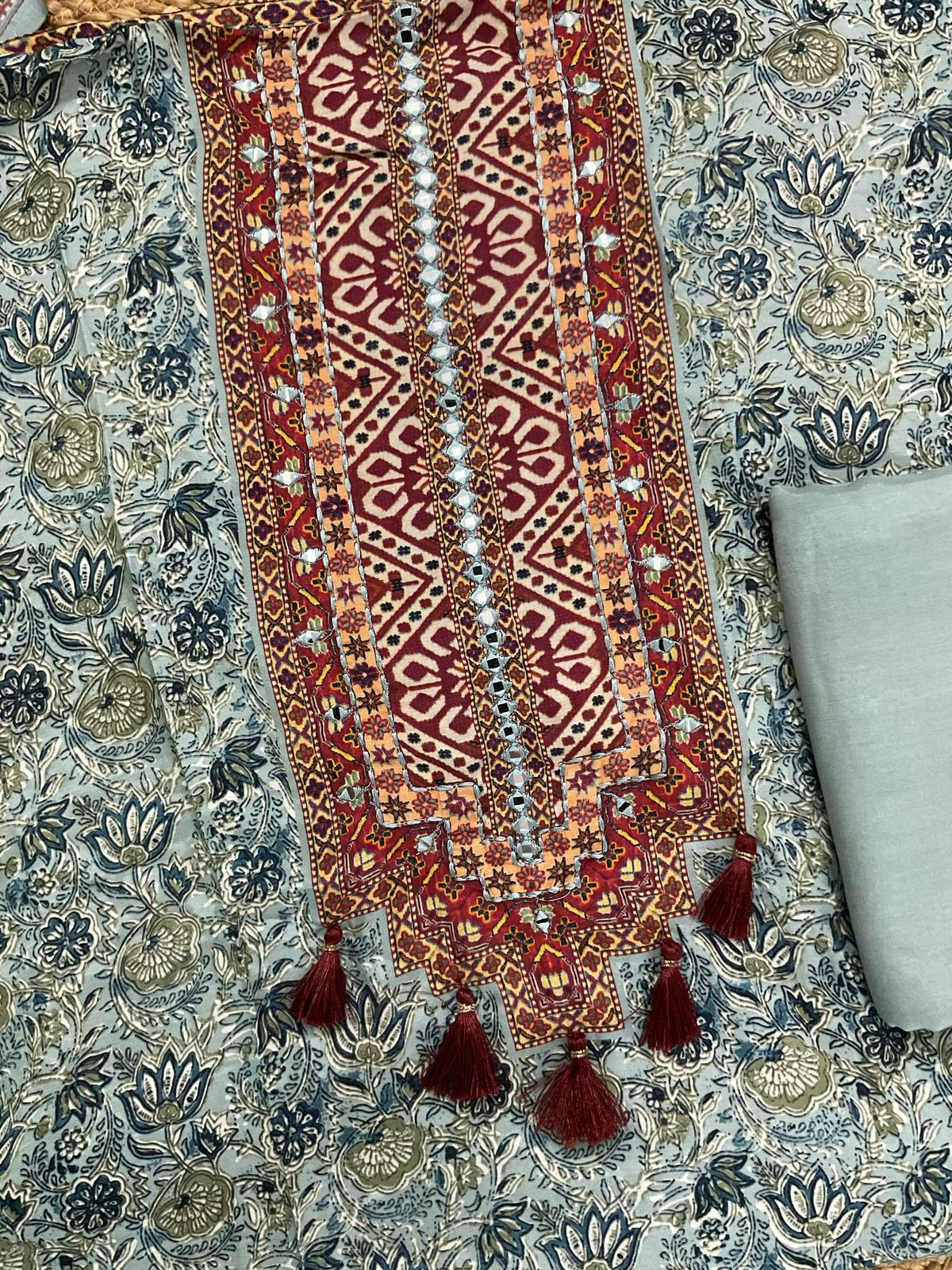 Pure Modal Printed Embroidered Suit - Greyish Blue