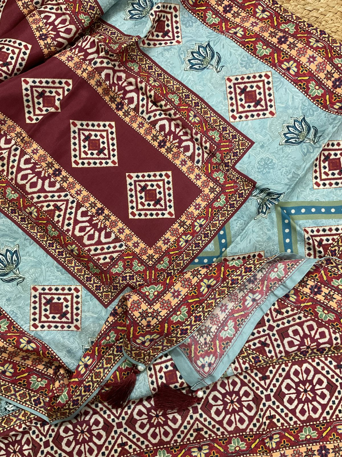 Pure Modal Printed Embroidered Suit - Greyish Blue