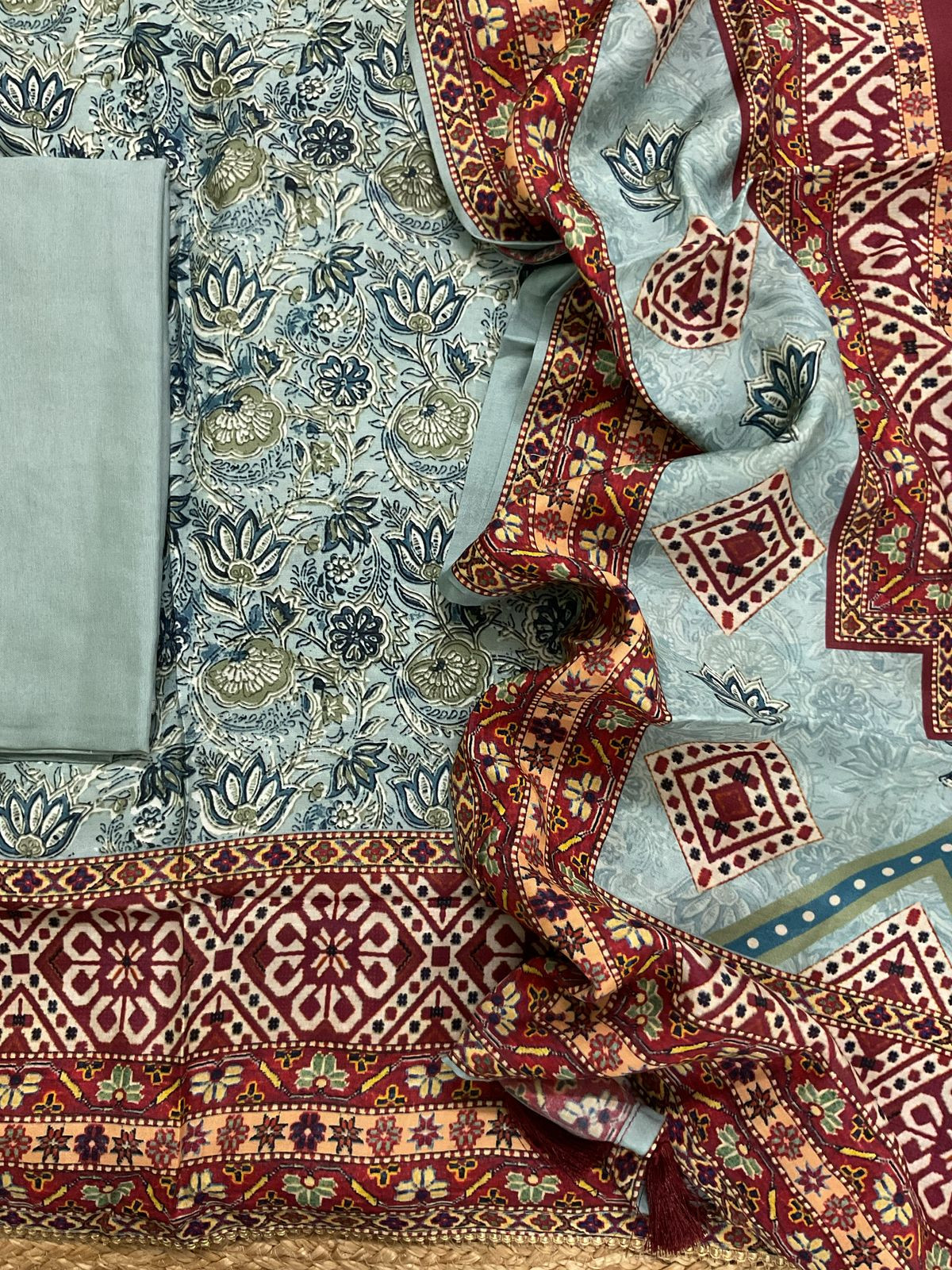 Pure Modal Printed Embroidered Suit - Greyish Blue