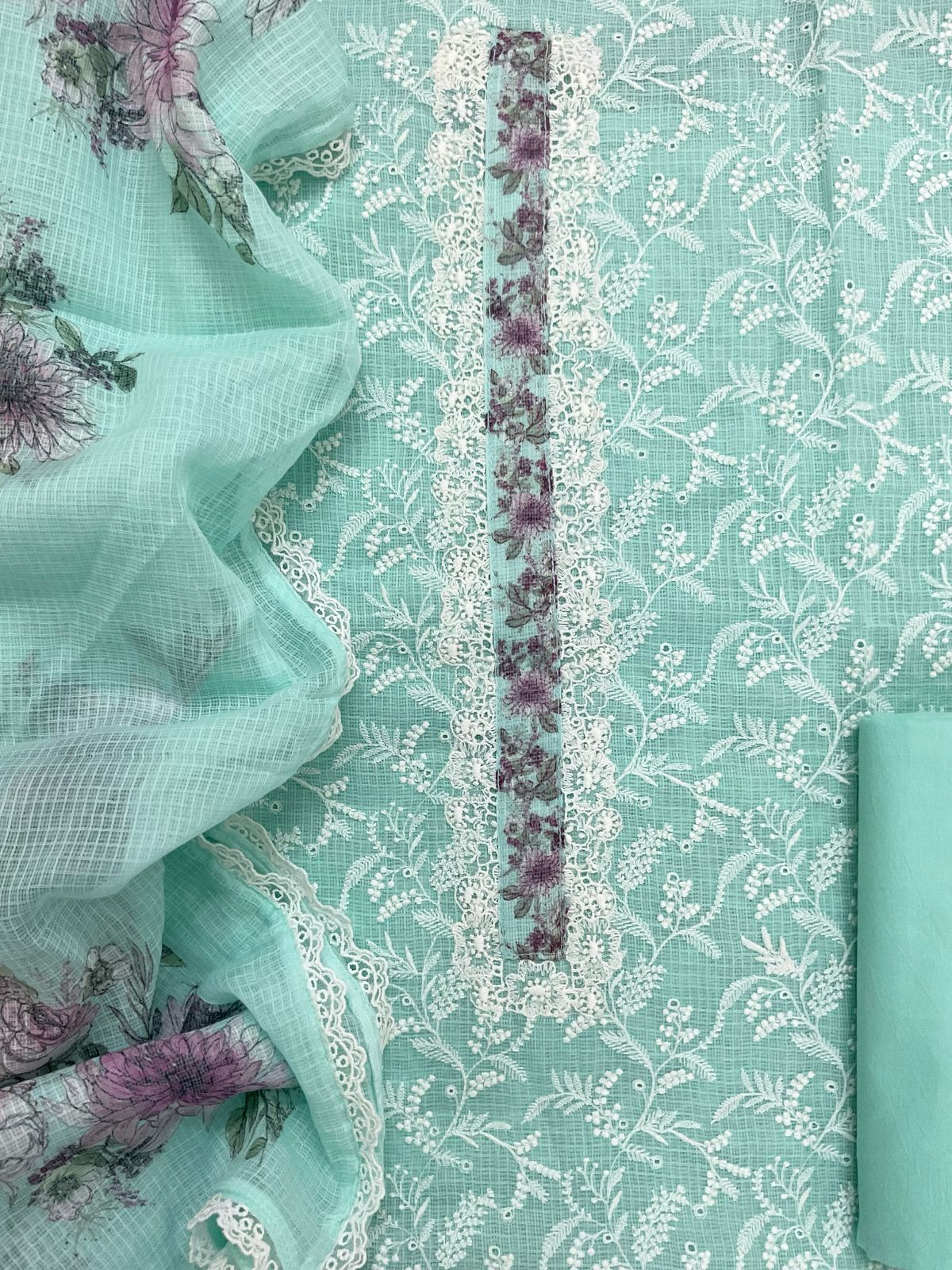Pure Fine Kota Cotton Printed Embroidered Suit - Sea Green