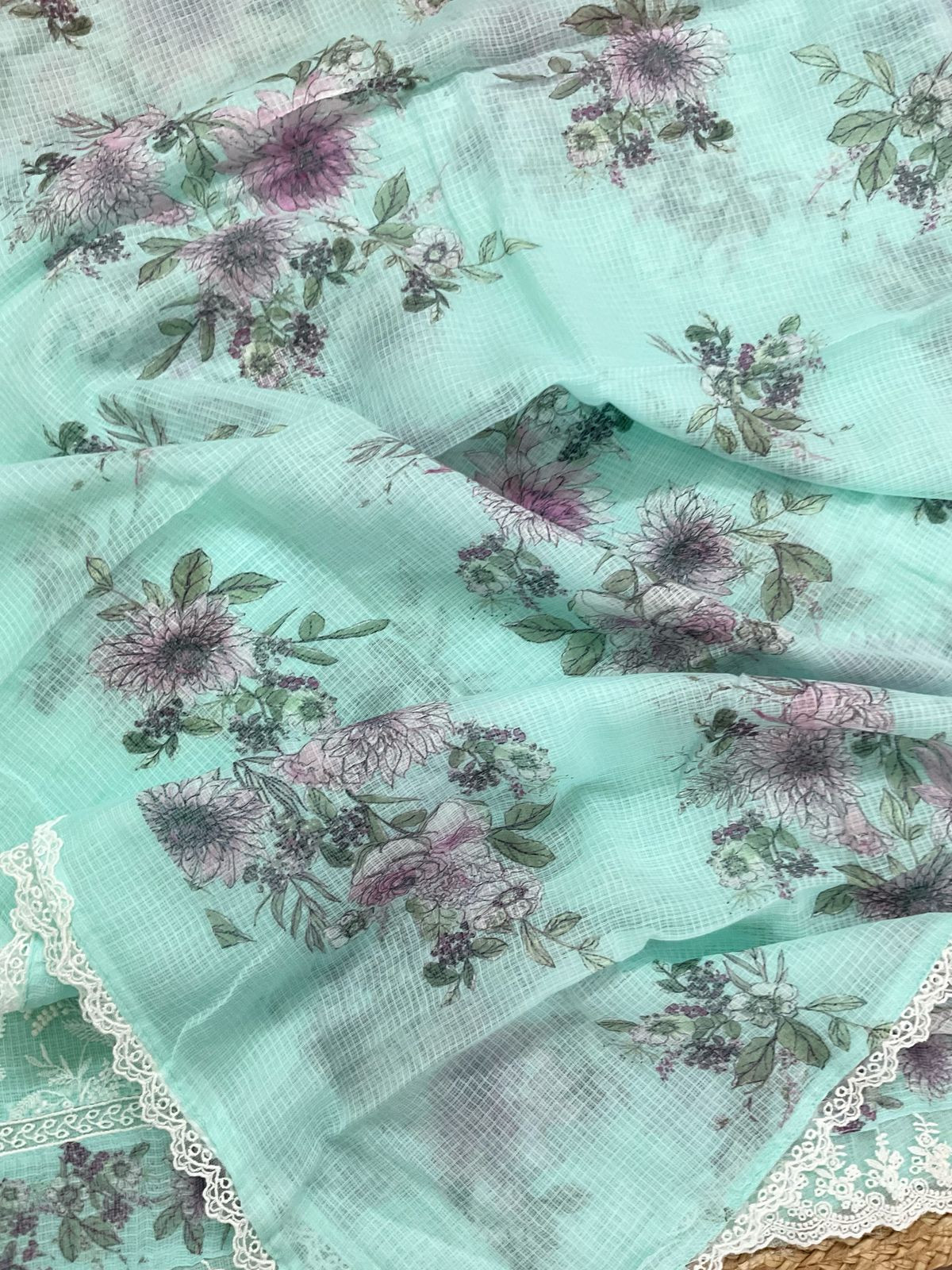 Pure Fine Kota Cotton Printed Embroidered Suit - Sea Green