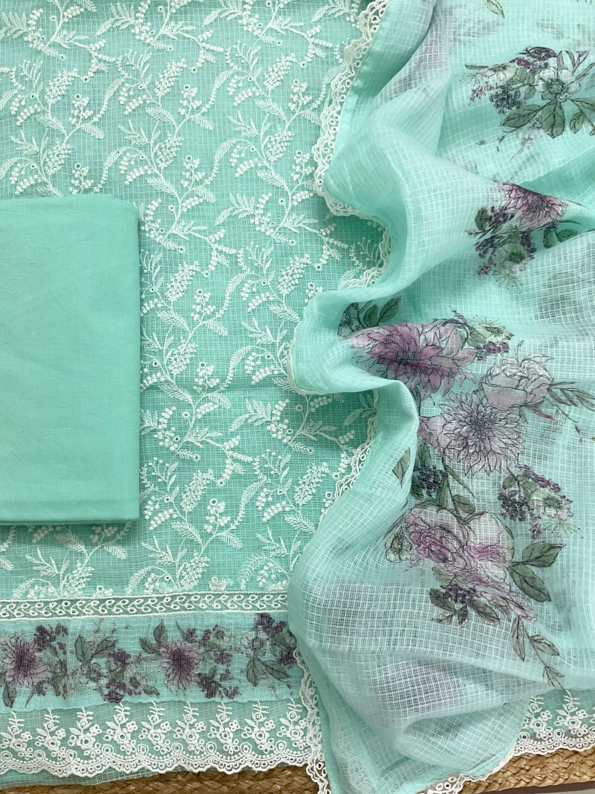 Pure Fine Kota Cotton Printed Embroidered Suit - Sea Green
