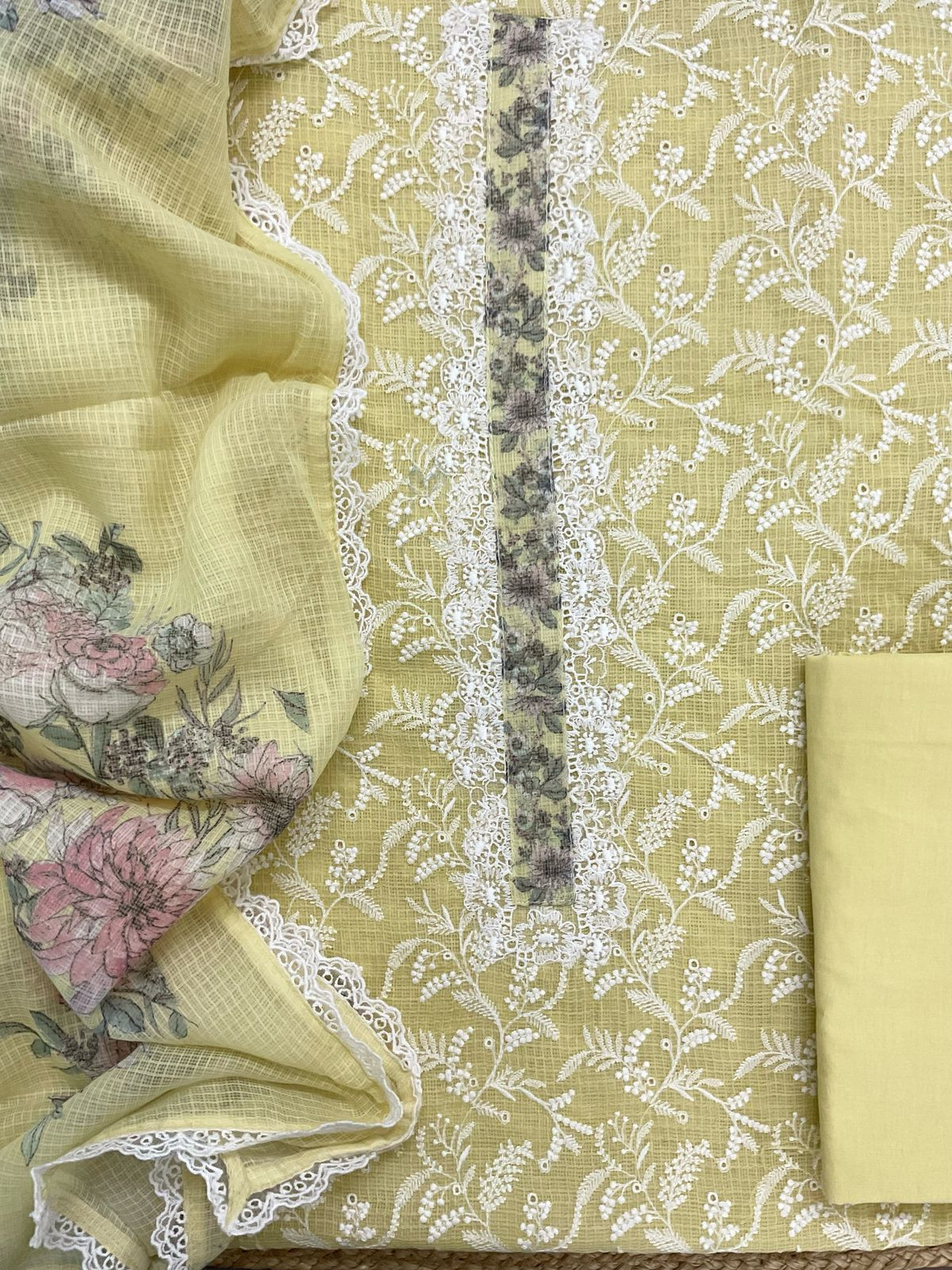 Pure Fine Kota Cotton Printed Embroidered Suit - Yellow