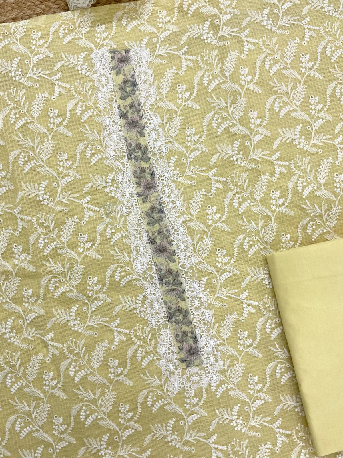 Pure Fine Kota Cotton Printed Embroidered Suit - Yellow