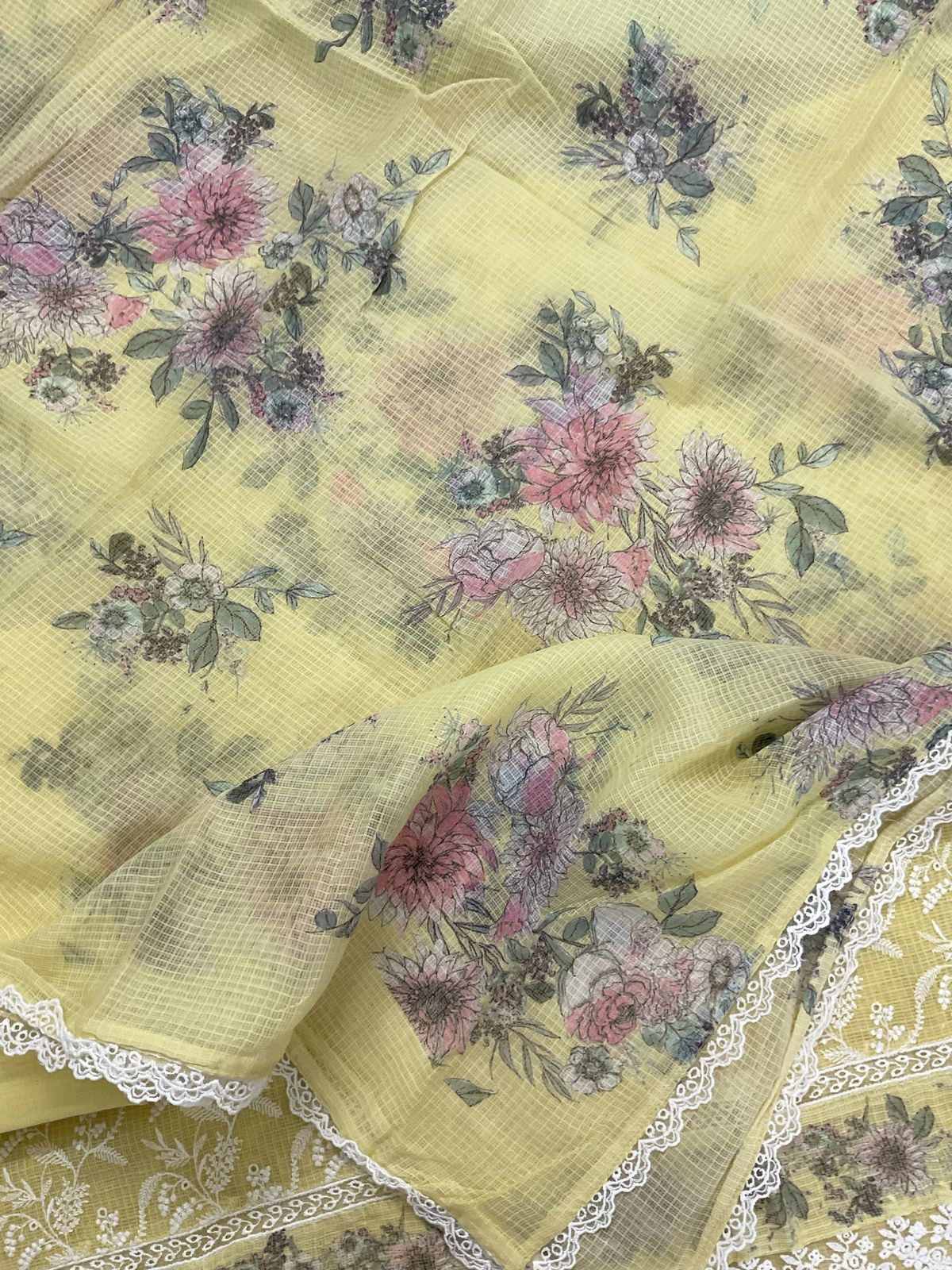 Pure Fine Kota Cotton Printed Embroidered Suit - Yellow