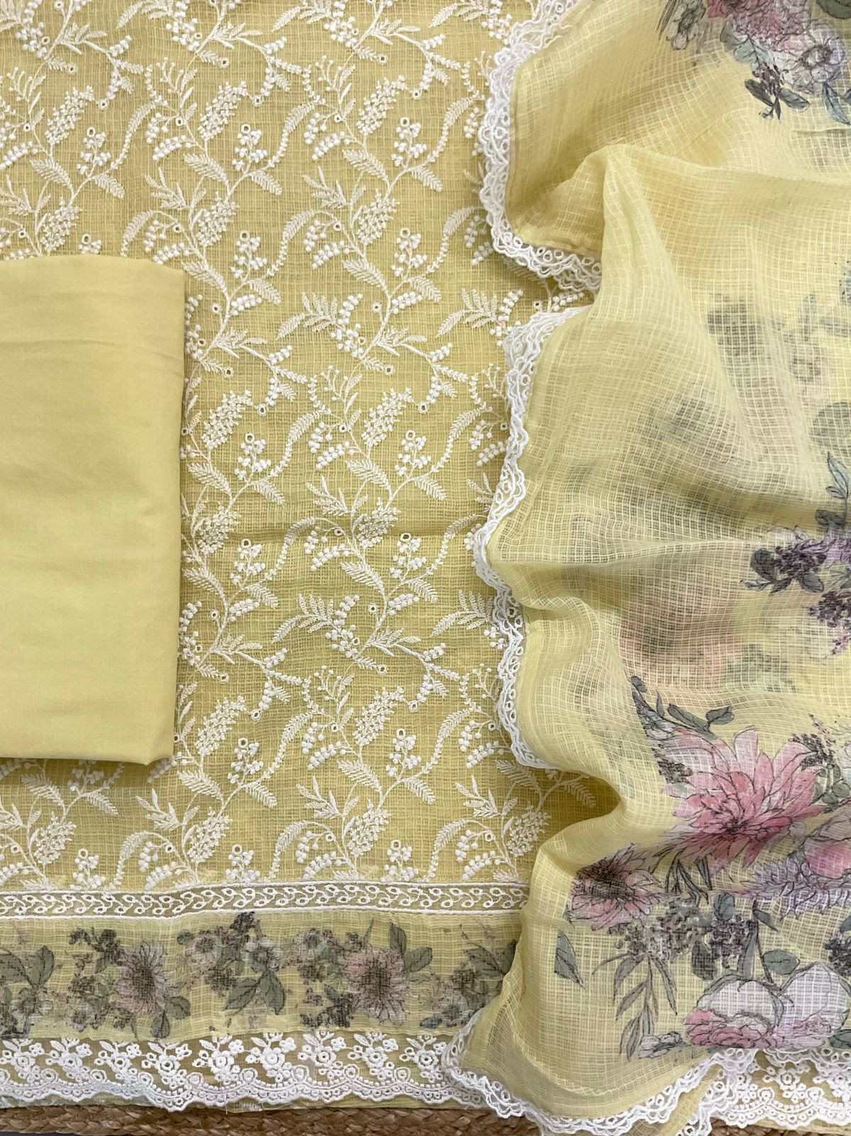 Pure Fine Kota Cotton Printed Embroidered Suit - Yellow