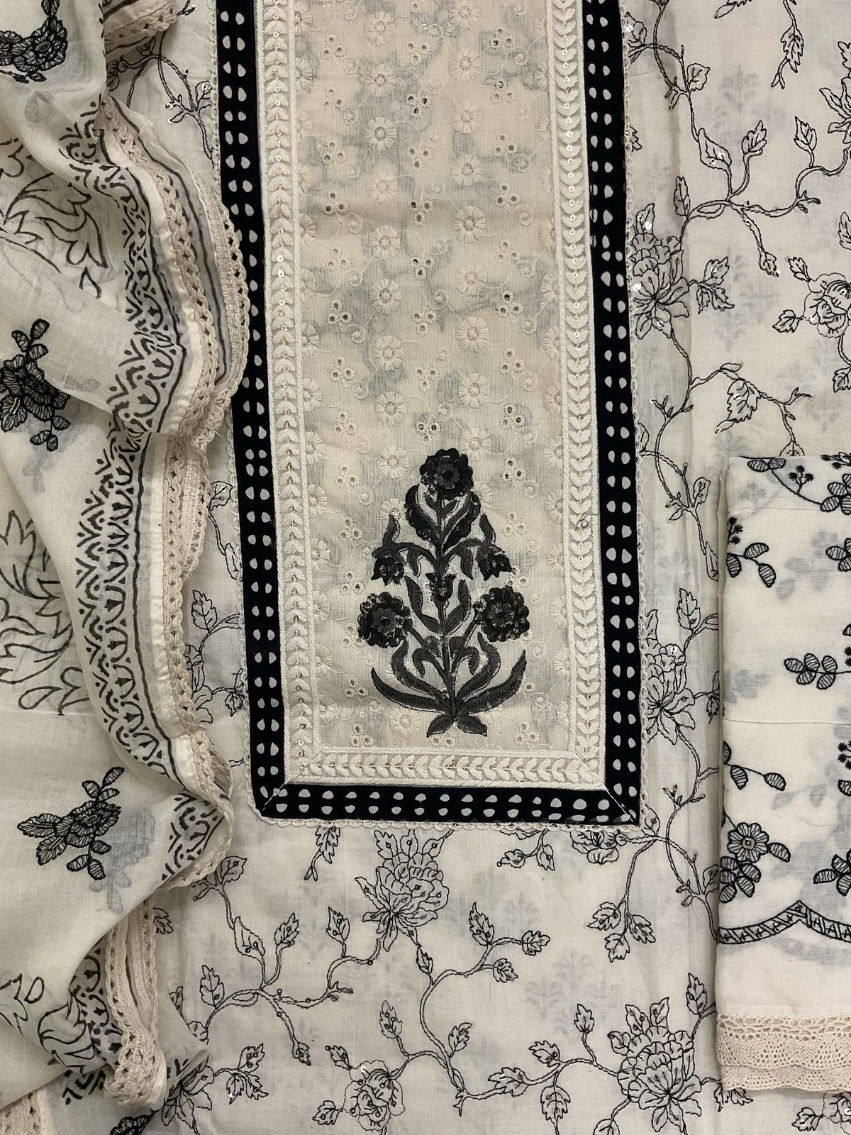 Pure Cotton Printed Embroidered Suit - Off White