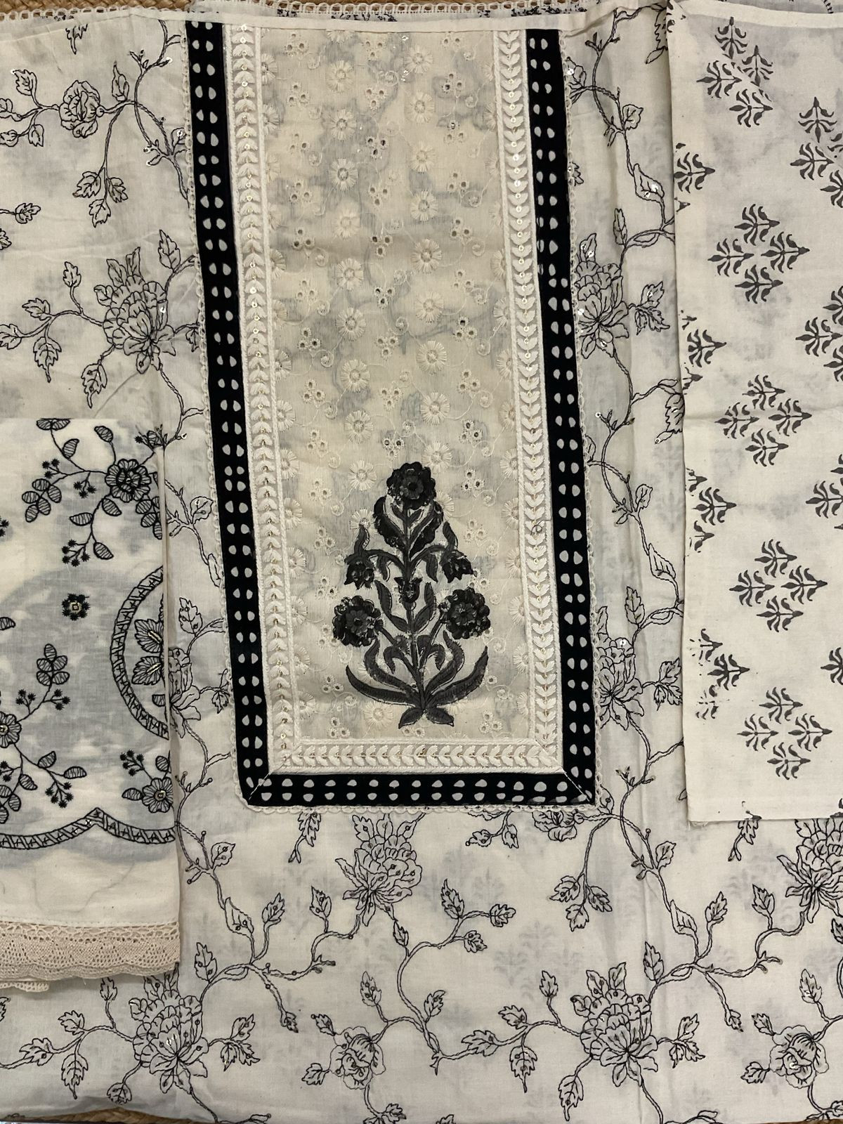 Pure Cotton Printed Embroidered Suit - Off White