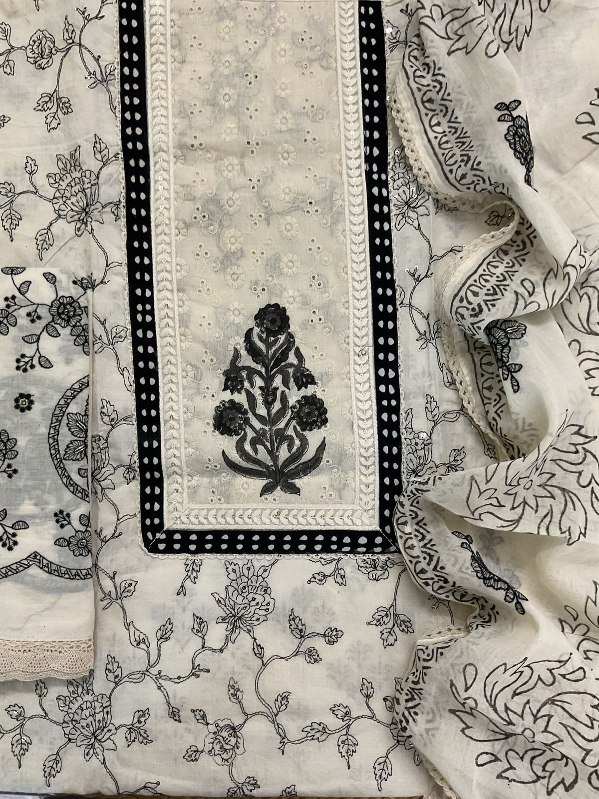 Pure Cotton Printed Embroidered Suit - Off White