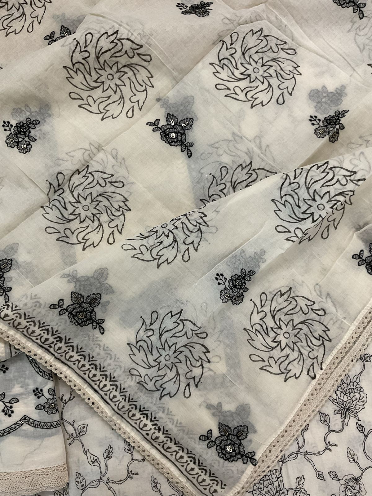 Pure Cotton Printed Embroidered Suit - Off White