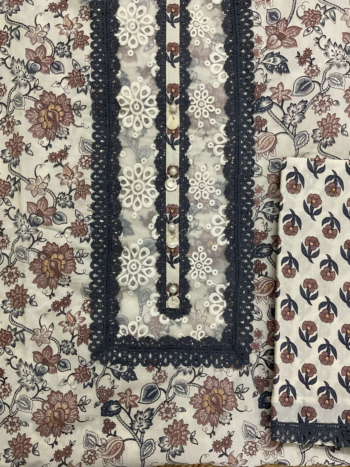 Pure Cotton Printed Embroidered Suit - Off White