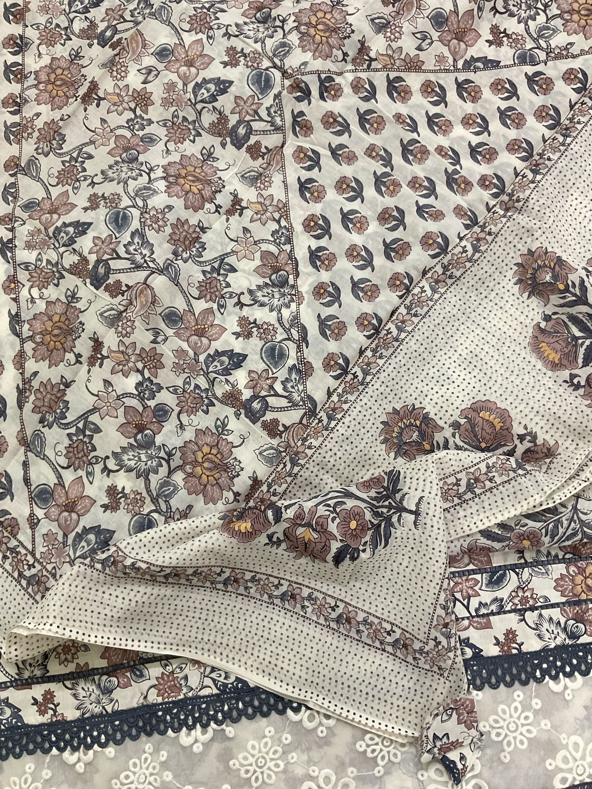 Pure Cotton Printed Embroidered Suit - Off White