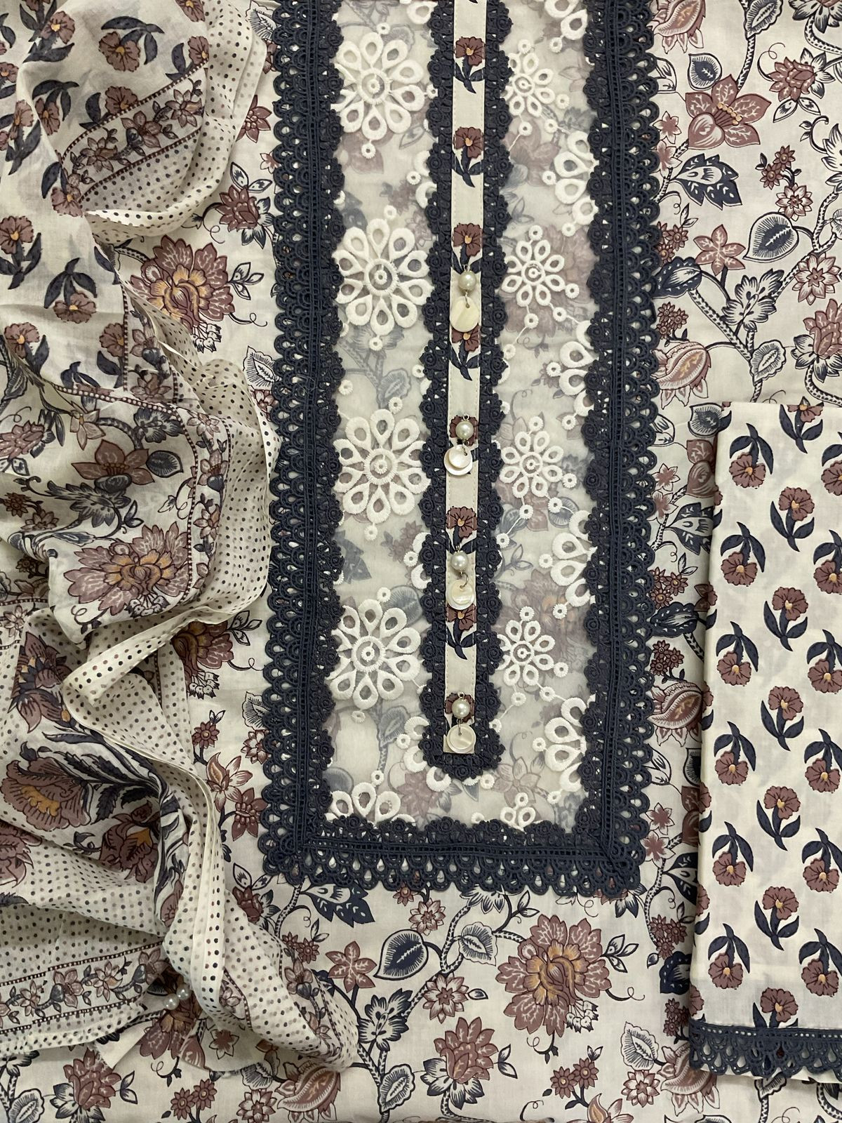 Pure Cotton Printed Embroidered Suit - Off White