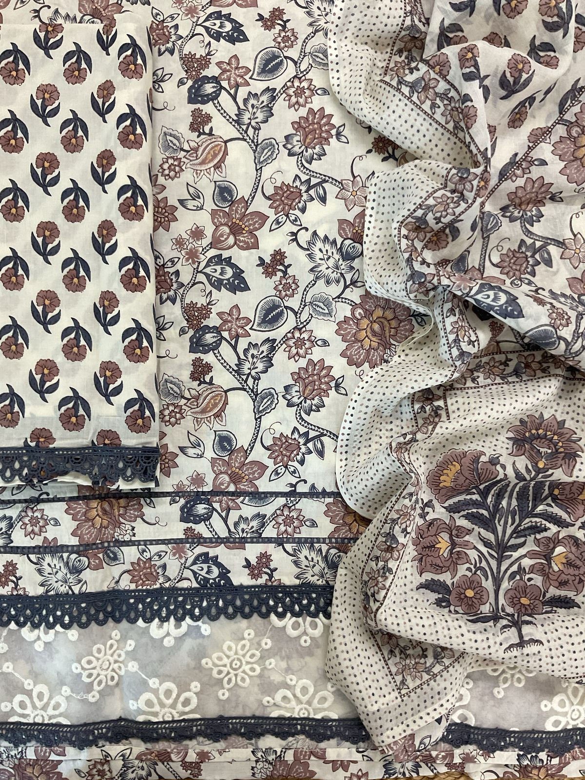 Pure Cotton Printed Embroidered Suit - Off White